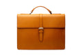 Tan leather laptop briefcase front view showing structured leather exterior