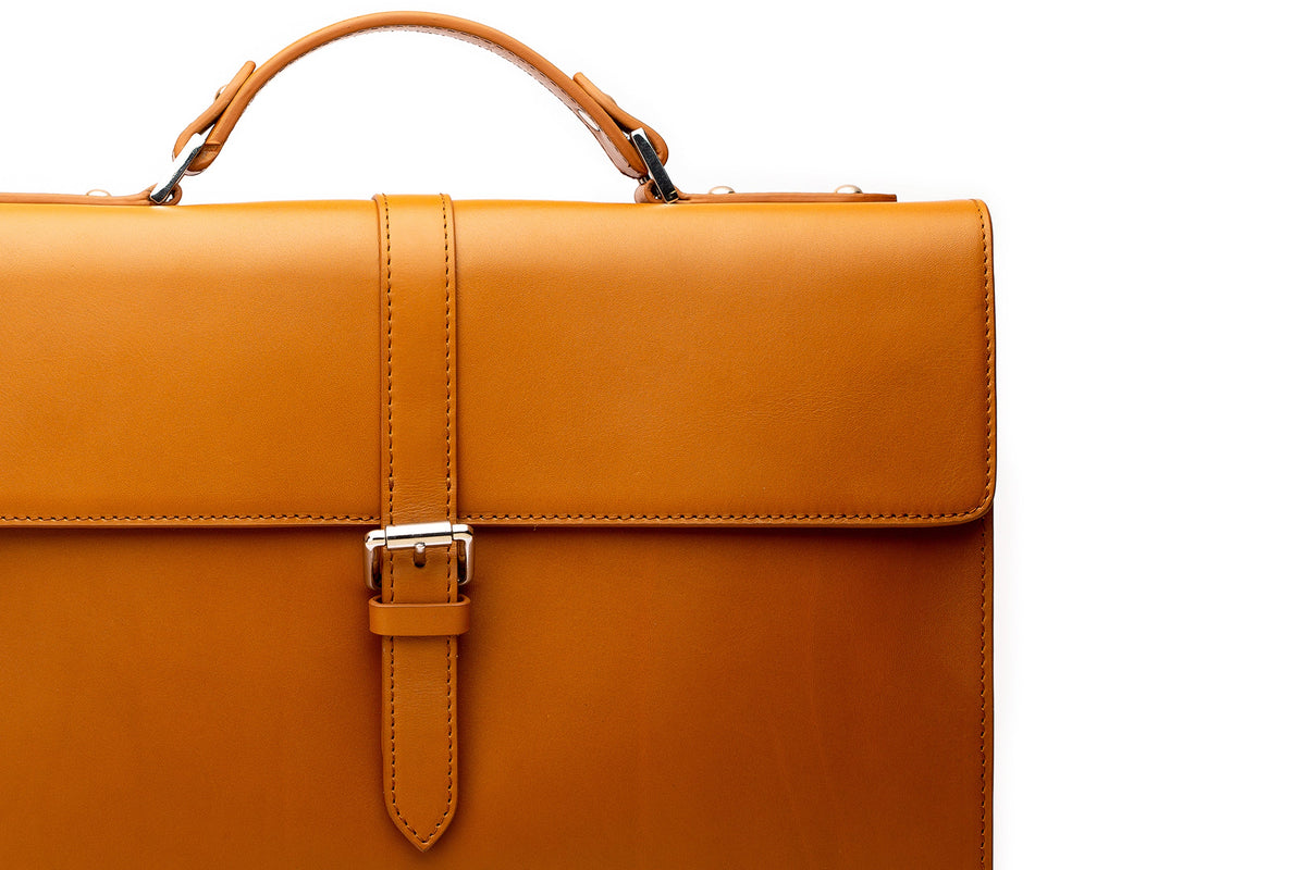 Leather Laptop Briefcase Tan close-up hardware and stitching detail