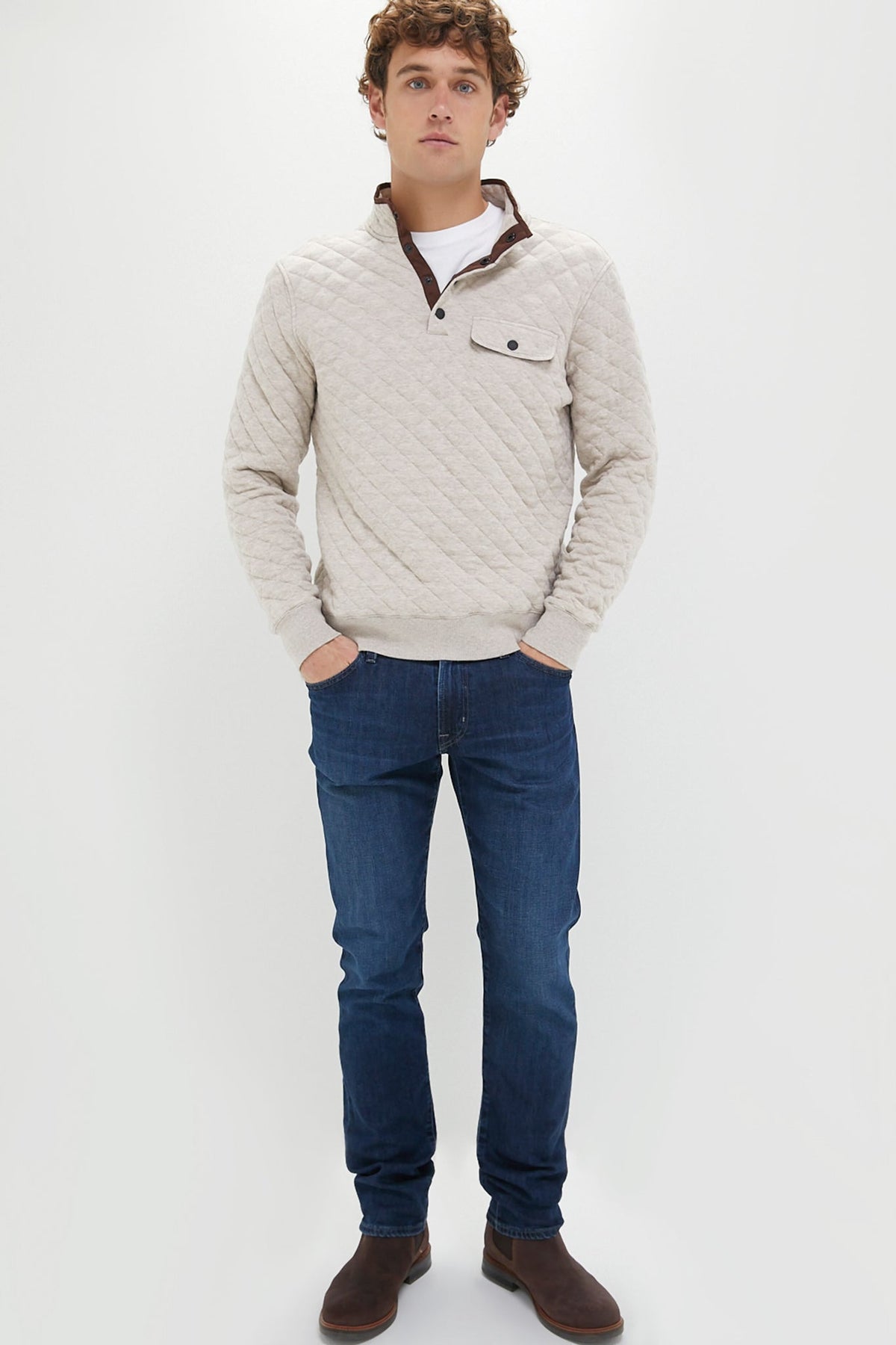 Men's Oatmeal Melange Quilted Fleece Pullover