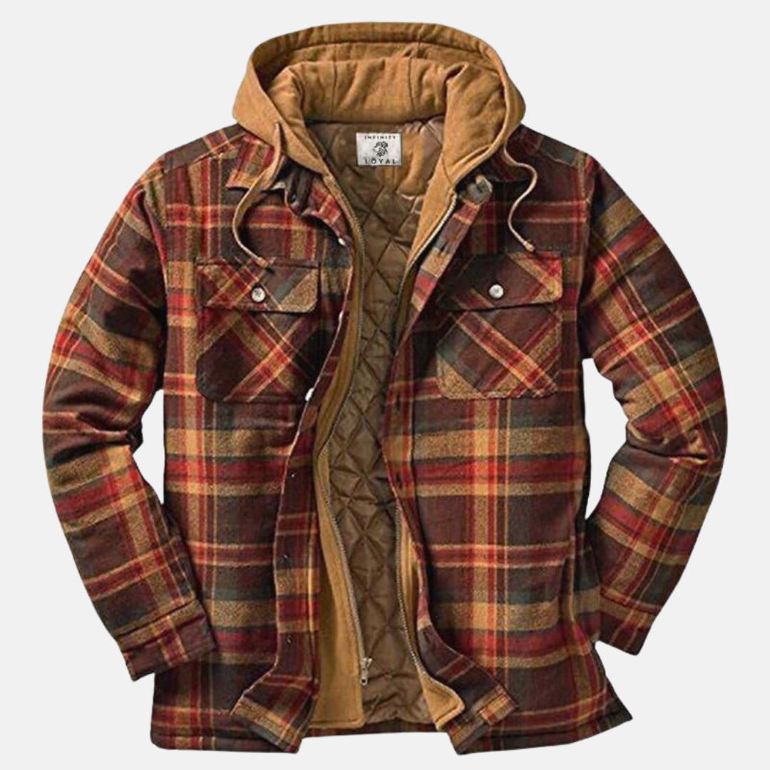 Men's Plaid Hooded Jacket with Quilted Lining and Zip-Up Front, front view