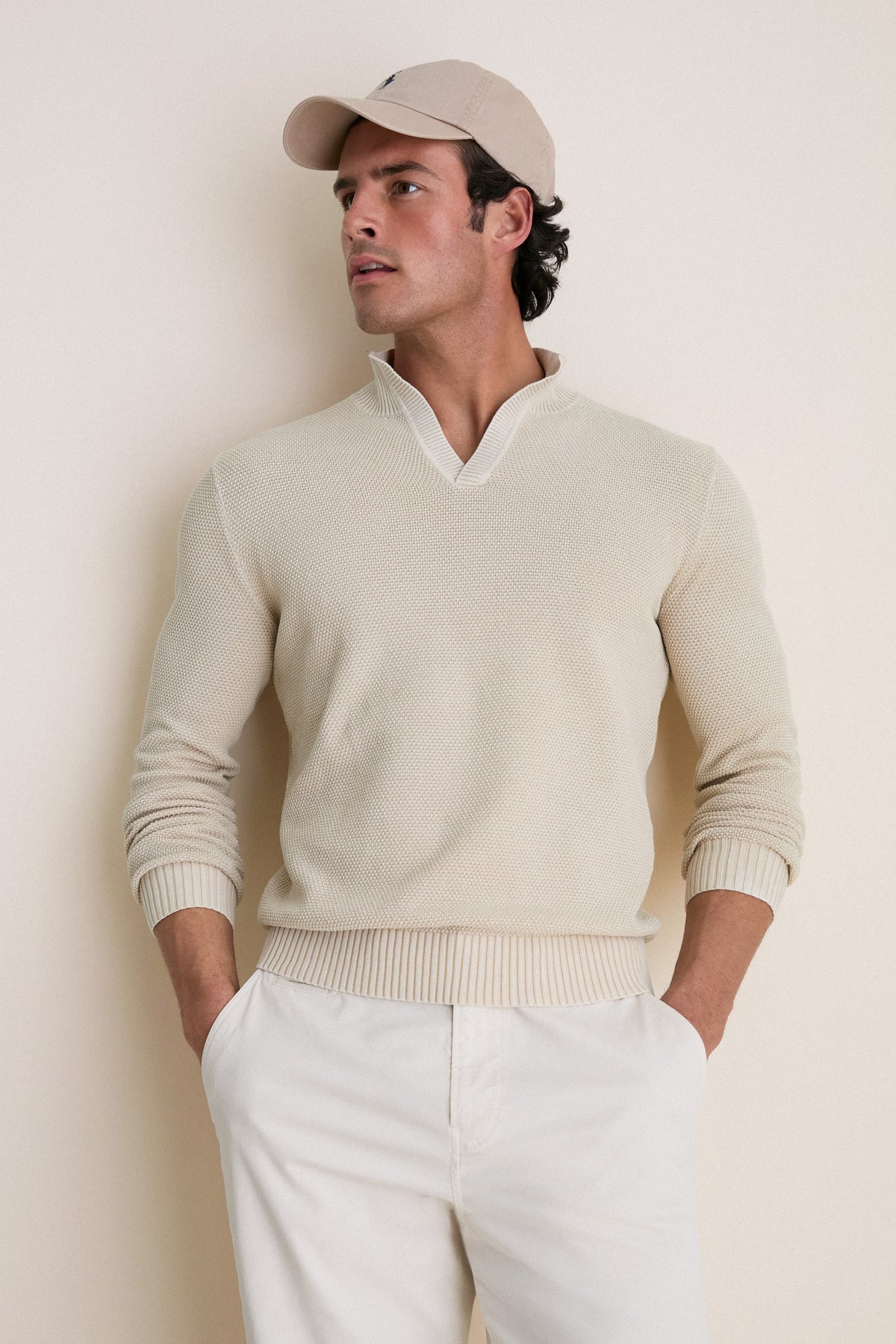 Men's Sand Cotton Split-Neck Sweater