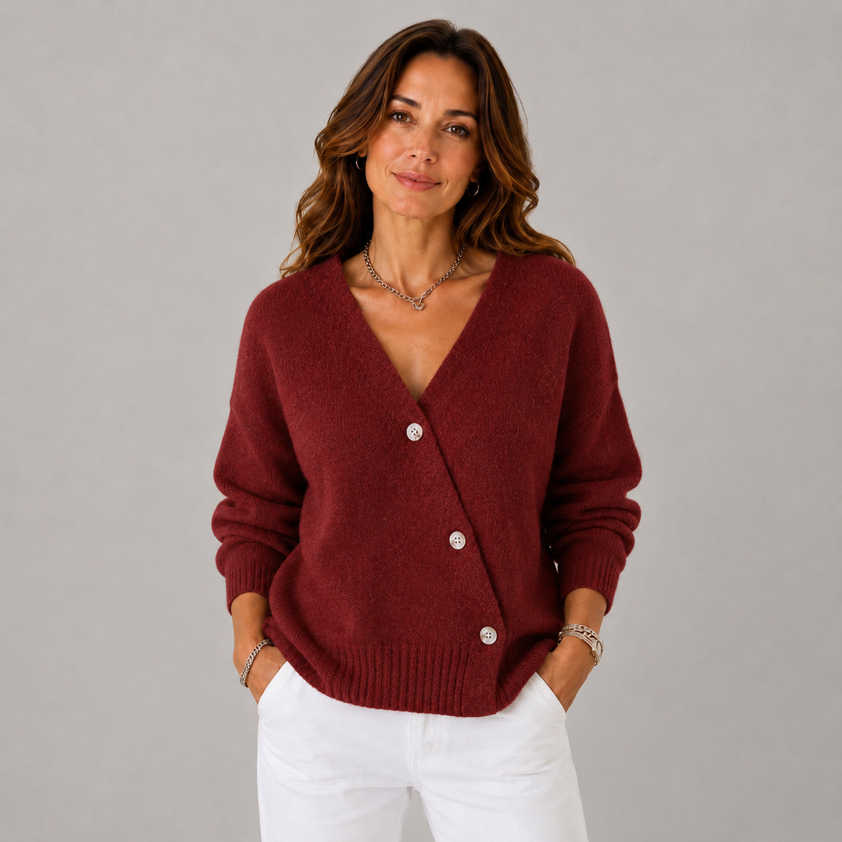 Elsie Women's V-Neckline Wrap Button-Up Knit Cardigan, front view