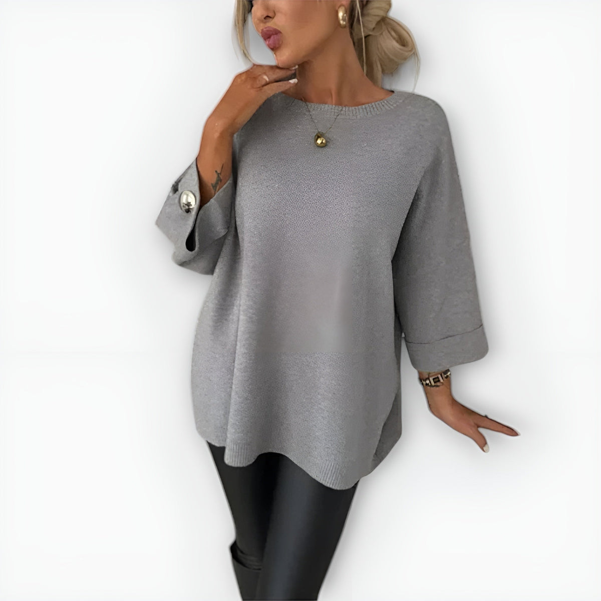 Sonora Women's Crew Neck Loose Straight Fit Wide Three-Quarter Sleeve Sweater, front view