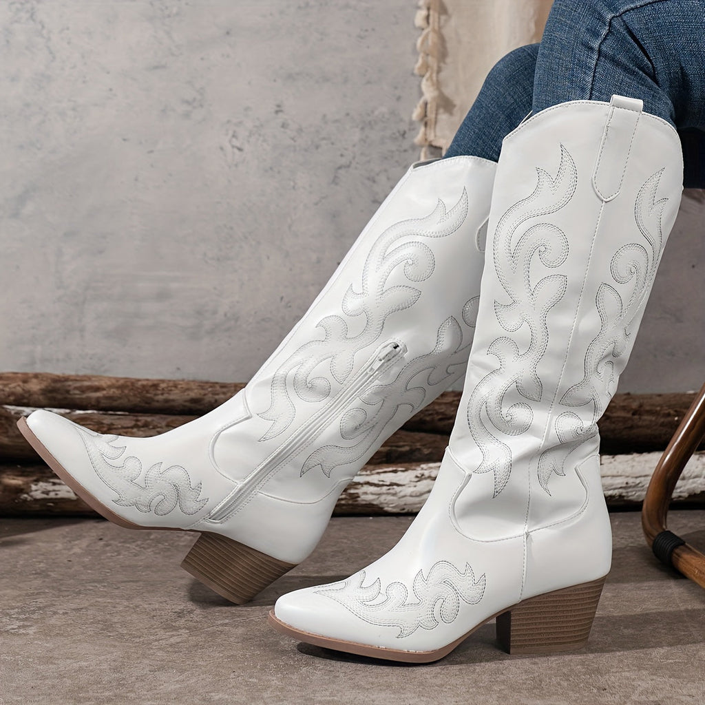 Jenny Women's Knee-High Faux Leather Block Heel Cowboy Boots, front view