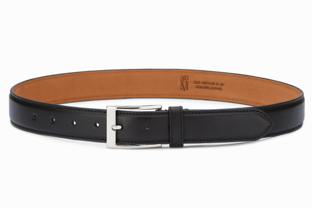 Black calfskin flat belt three-quarter front view showing nickel buckle