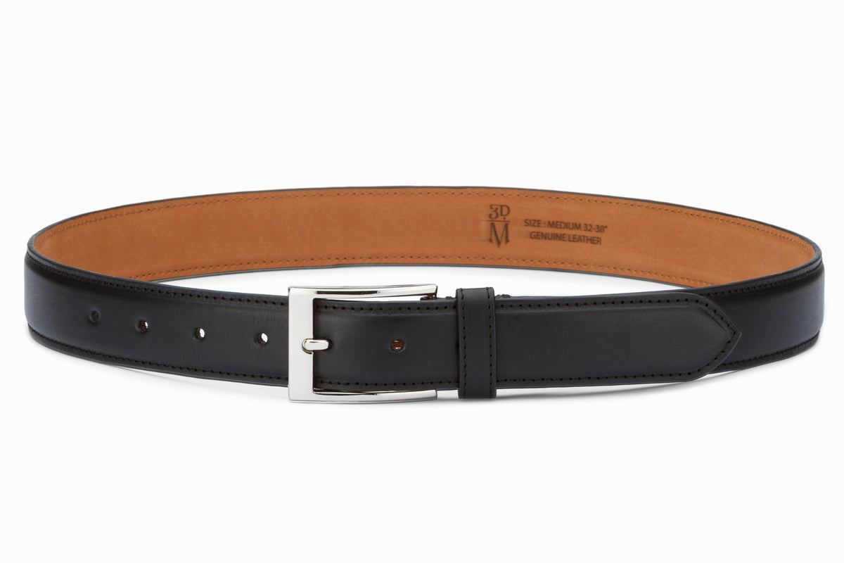 Black calfskin flat belt three-quarter front view showing nickel buckle