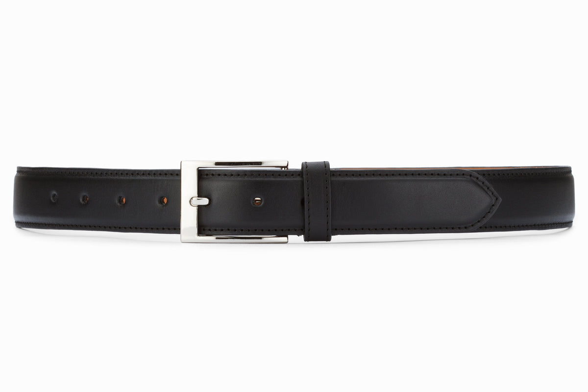 Flat Belt Black side view showing wax-finished calfskin leather
