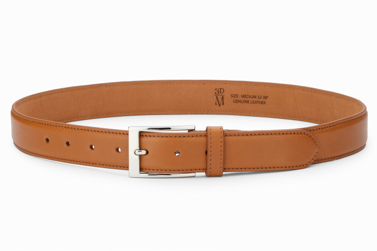Tan calfskin flat belt three-quarter front view showing nickel buckle