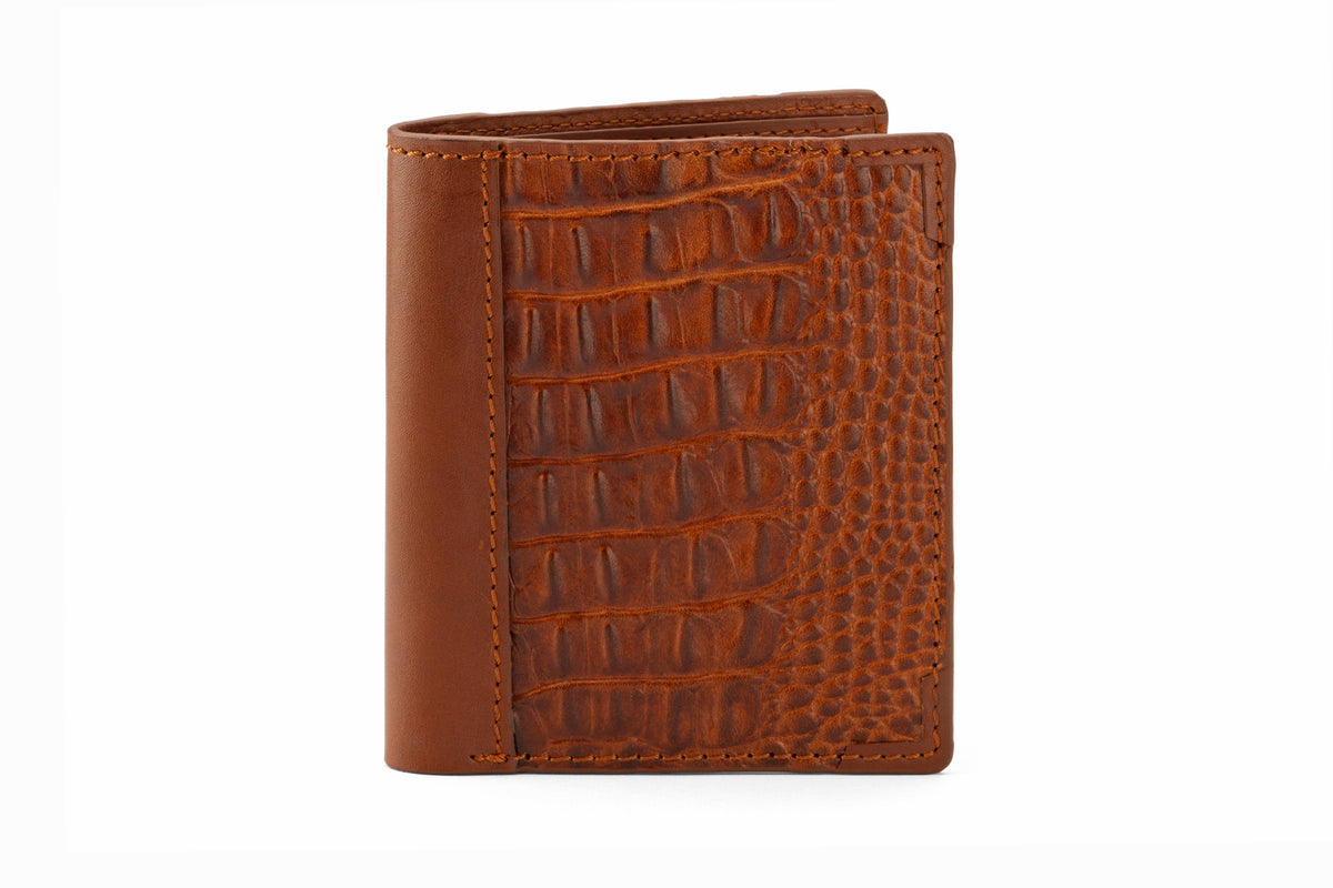 Hip Fold Wallet Crocodile Brown front view showing embossed pattern
