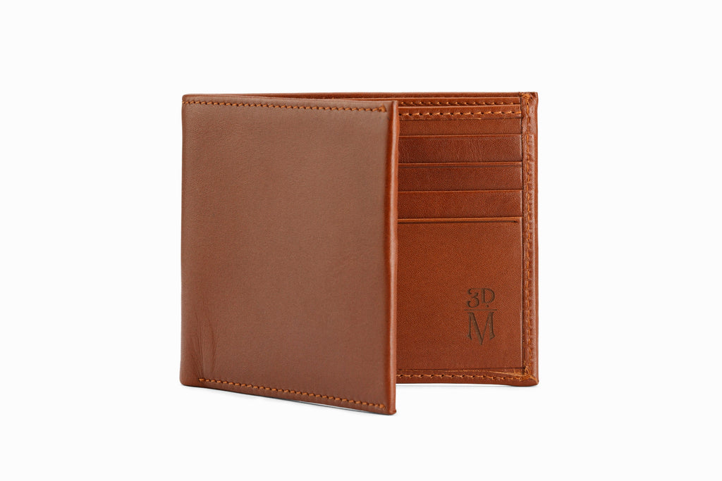 Medium brown leather slim wallet open view showing interior card slots
