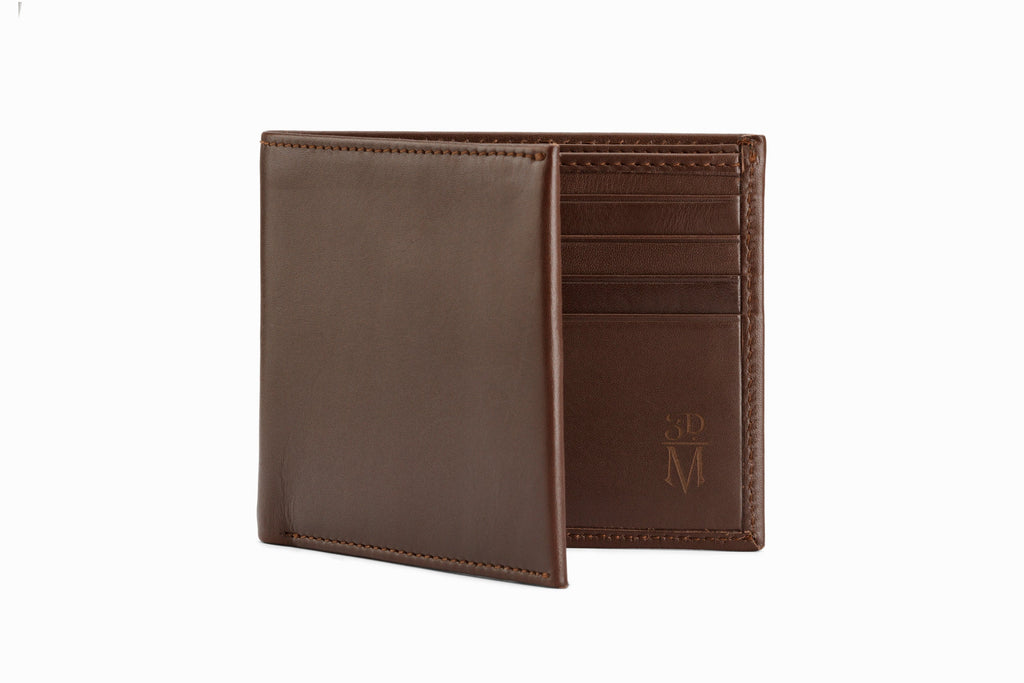 Dark brown leather slim wallet open view showing interior card slots