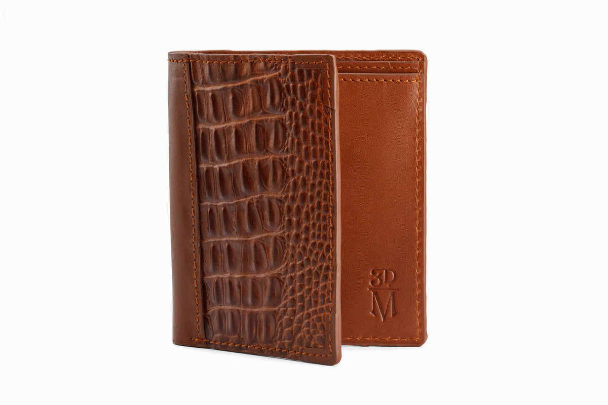 Brown crocodile pattern hip fold wallet open view showing card slots
