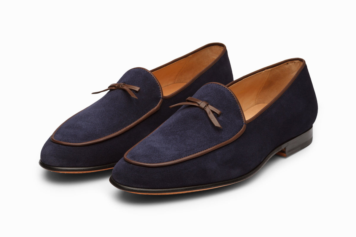 Belgian Loafers Navy Suede three-quarter front view on white background