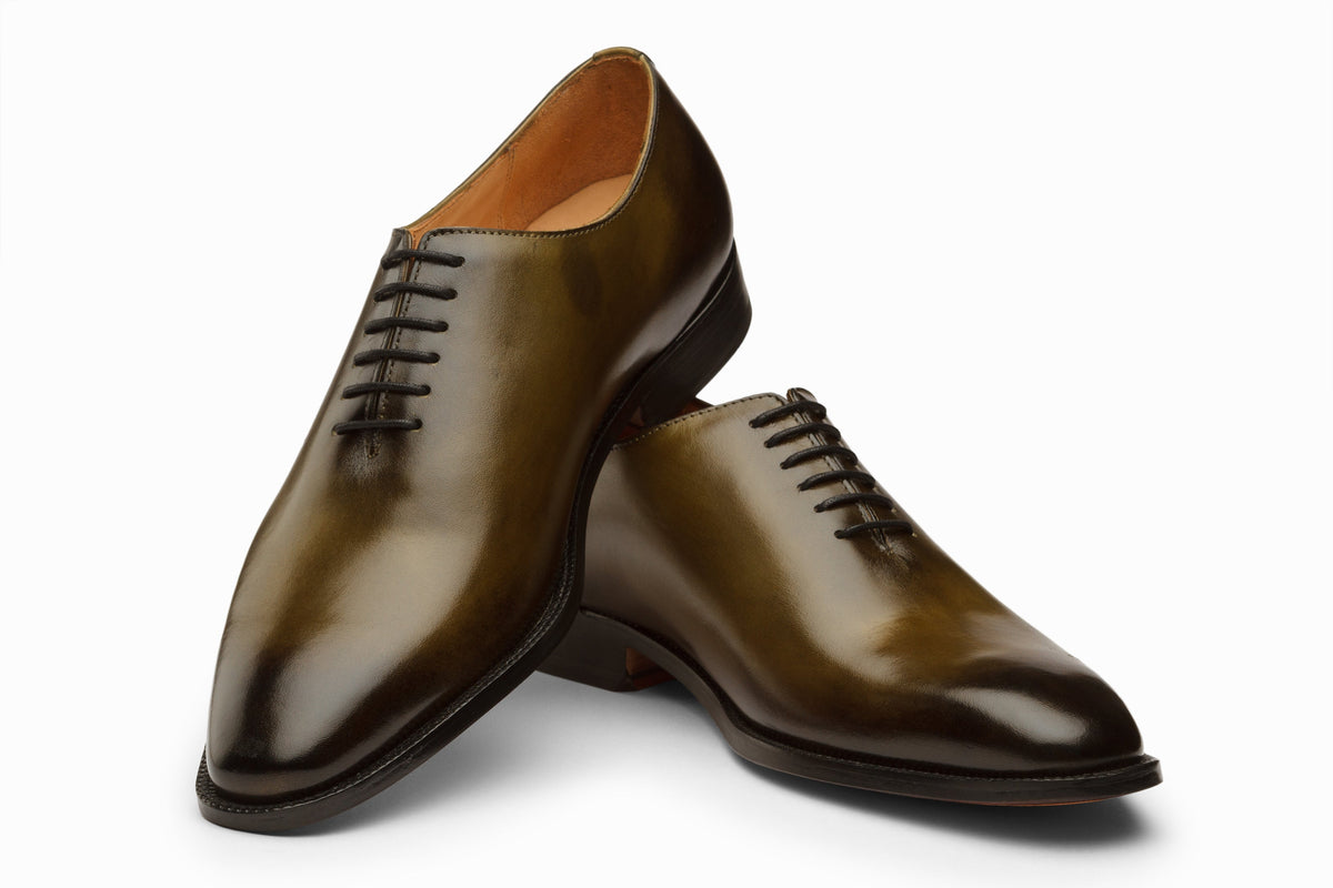 Olive and black patina wholecut Oxford rear heel view