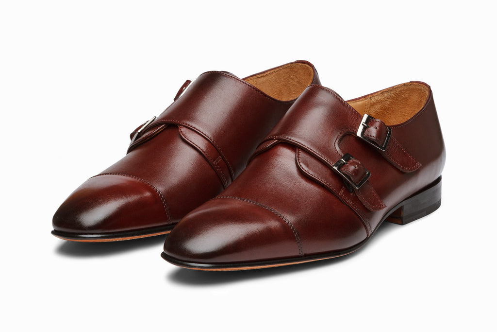 Off-Centered Double Monkstrap Burgundy three-quarter front view