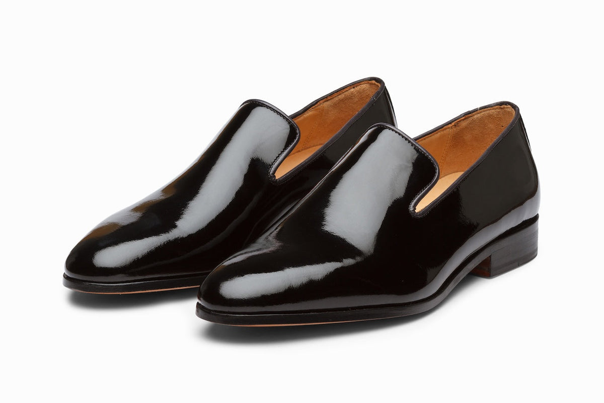 Venetian Loafer Black Patent three-quarter front view on white background