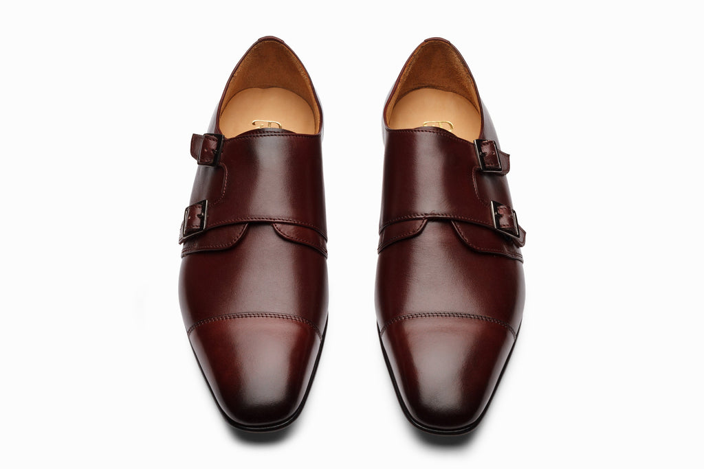 Burgundy off-centered monkstrap on-foot lifestyle shot