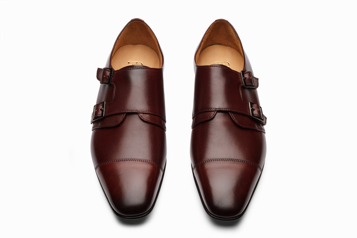 Burgundy off-centered monkstrap on-foot lifestyle shot