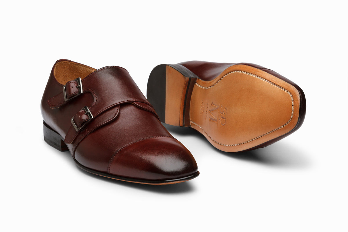 Off-Centered Double Monkstrap Burgundy side profile showing asymmetric buckle