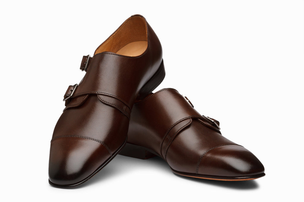 Dark brown off-centered monkstrap on-foot lifestyle styled shot
