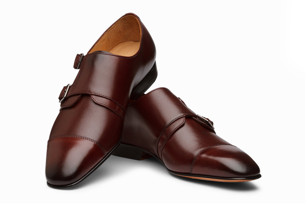 Burgundy off-centered monkstrap on-foot lifestyle styled shot