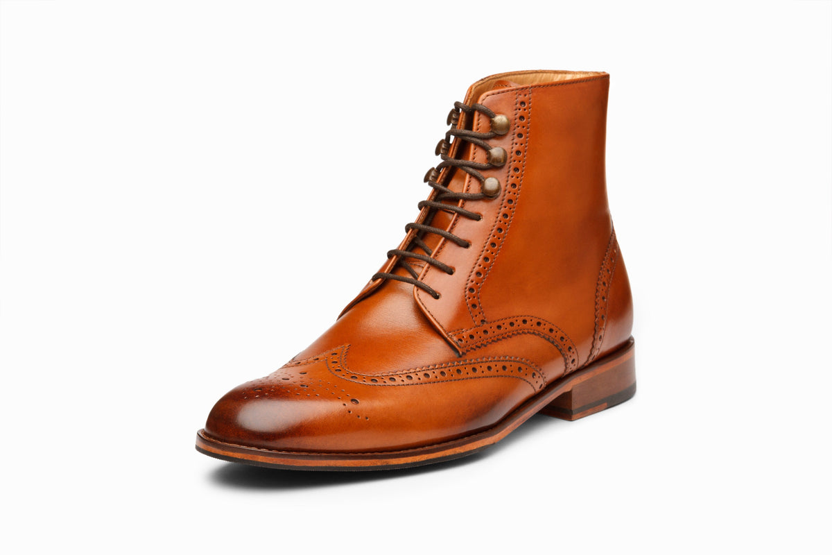 Wingtip Brogue Boot Tan rear heel view showing lace-up construction