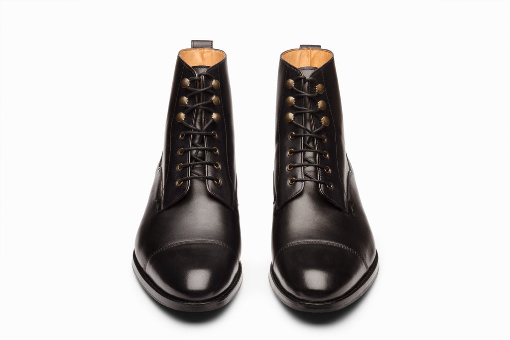 Black derby boot on-foot lifestyle shot with chinos