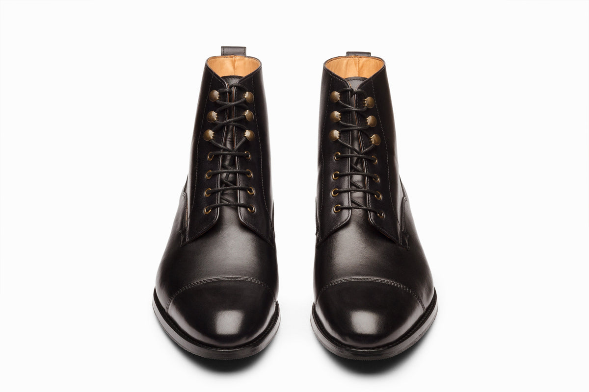Black derby boot on-foot lifestyle shot with chinos