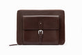 Dark brown leather laptop sleeve front view showing structured calfskin exterior