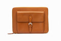 Tan leather laptop sleeve front view showing structured calfskin exterior