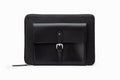Black leather laptop sleeve front view showing structured calfskin exterior