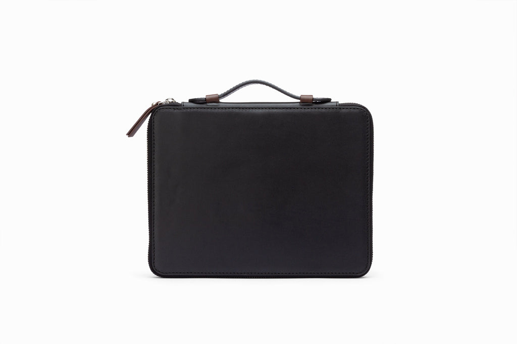 Black leather iPad case front view showing structured calfskin exterior