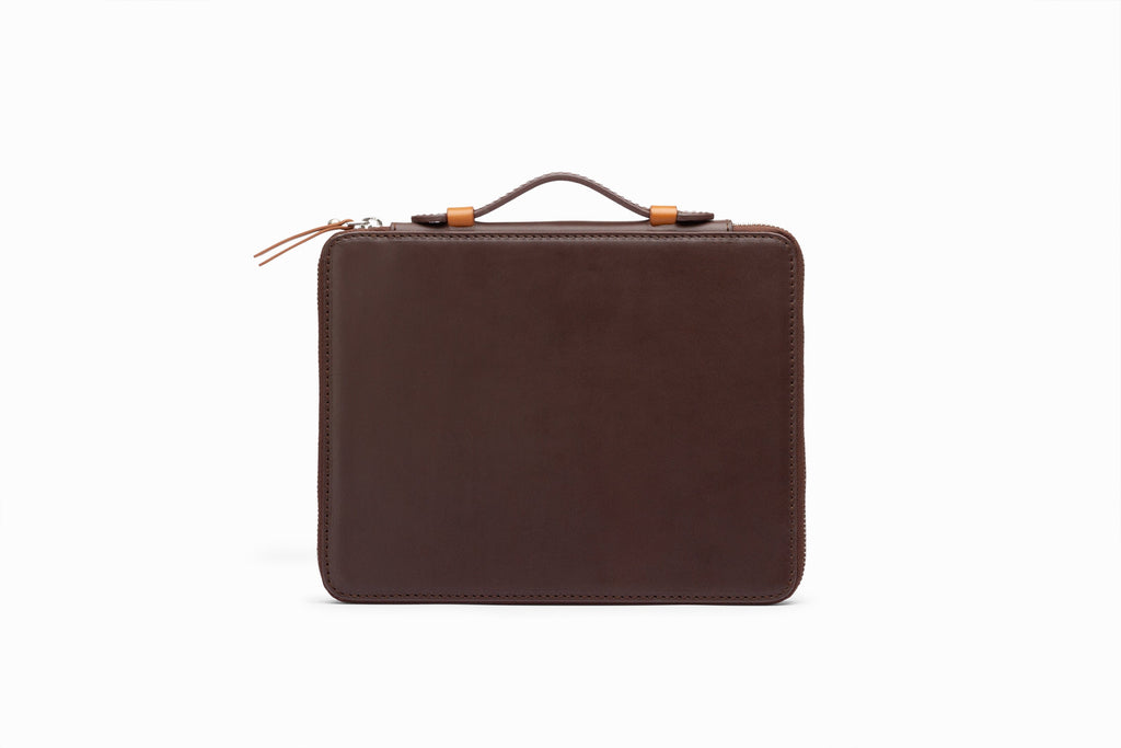 Brown leather iPad case front view showing structured calfskin exterior