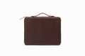 Brown leather iPad case front view showing structured calfskin exterior