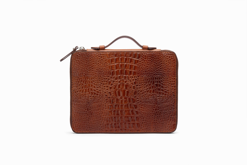 Brown crocodile pattern iPad case front view showing embossed leather exterior