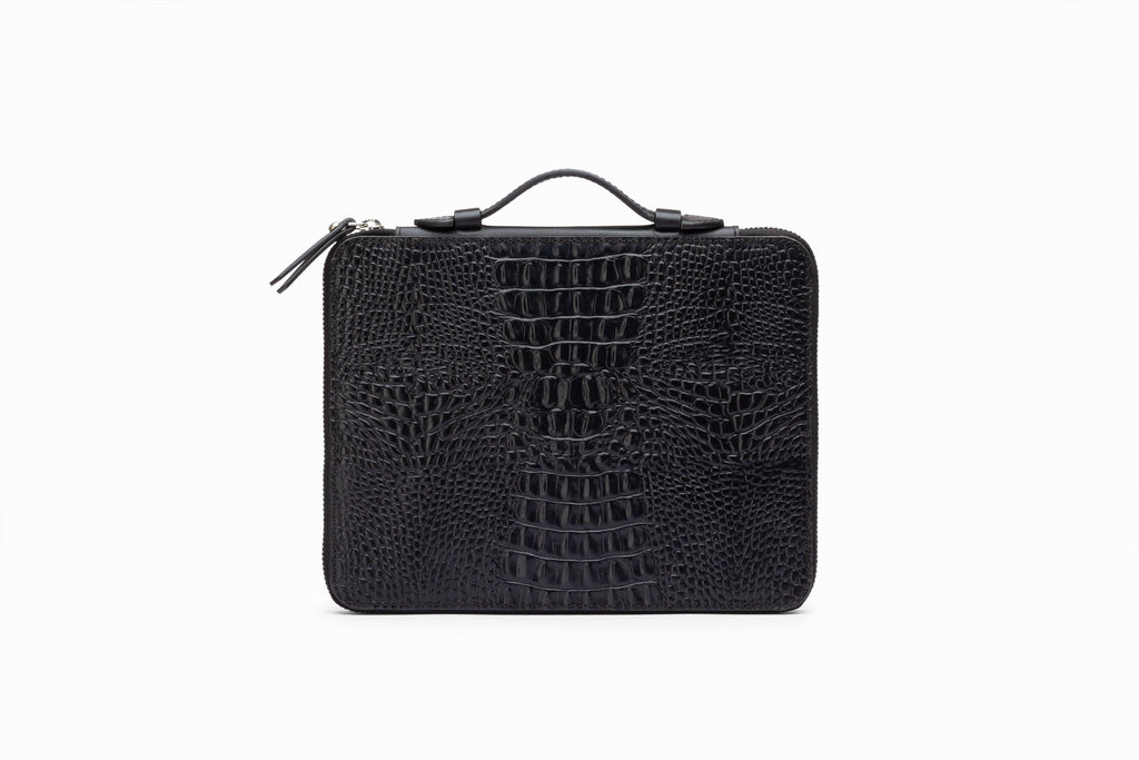 Black crocodile pattern iPad case front view showing embossed leather exterior