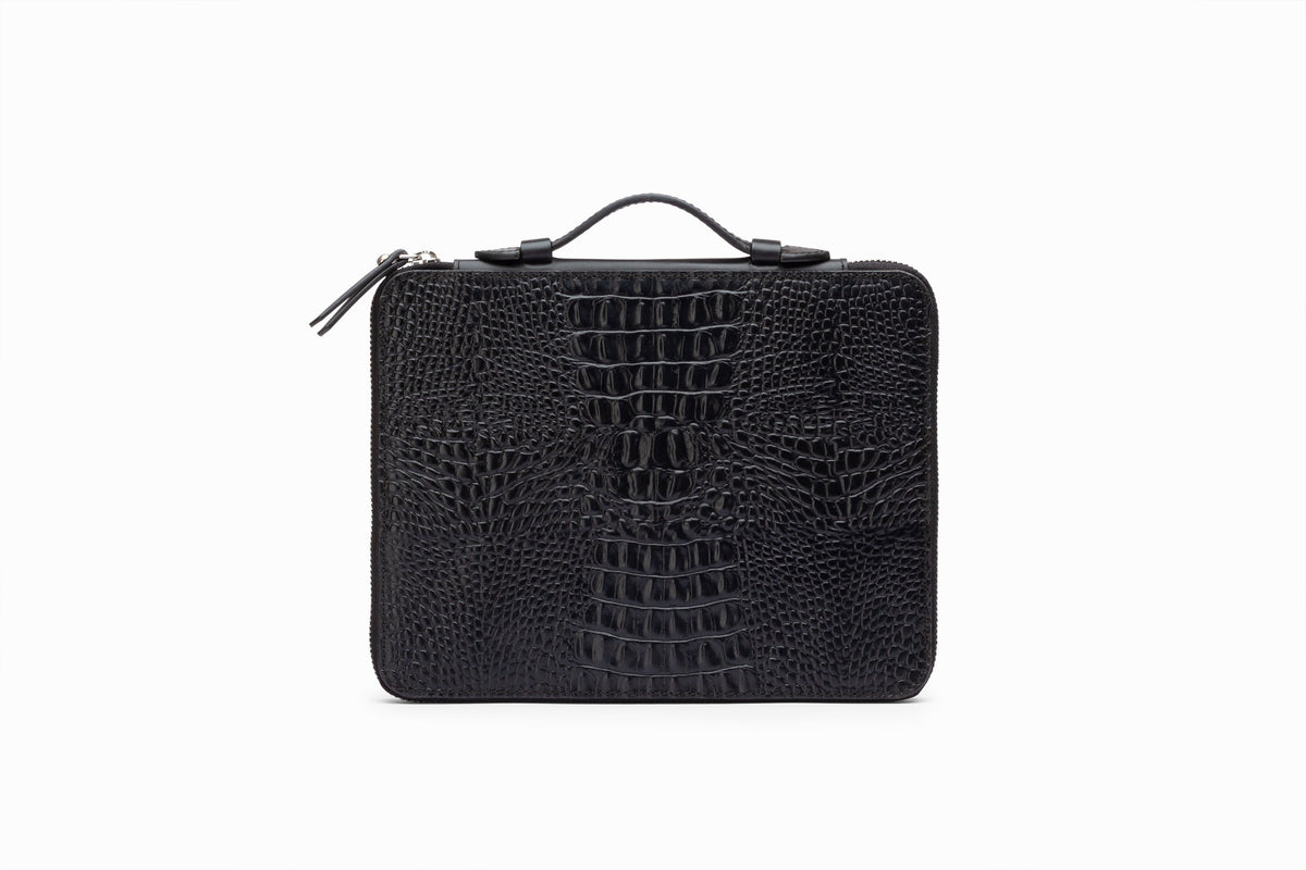 Black crocodile pattern iPad case front view showing embossed leather exterior