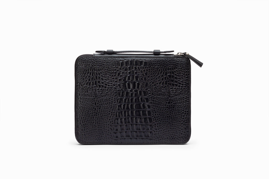 iPad Case Croc Black open view showing interior lining and card slots