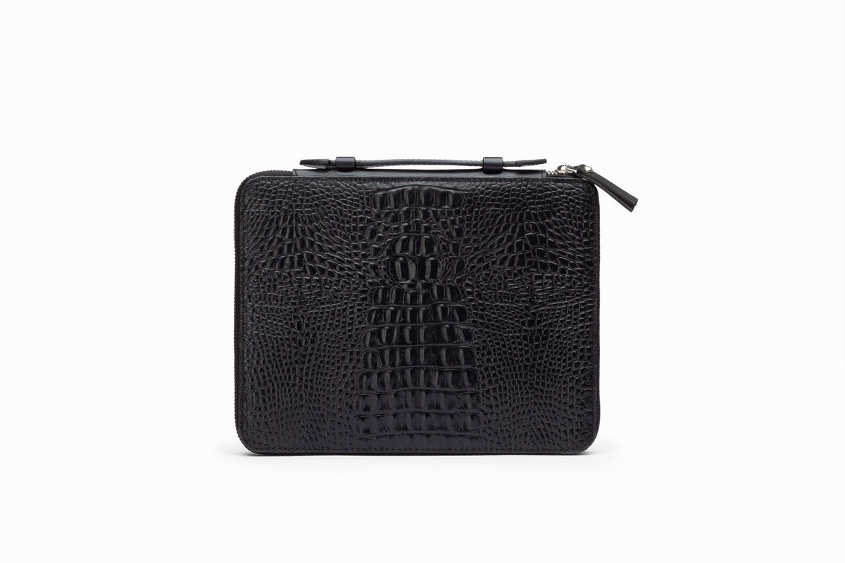 iPad Case Croc Black open view showing interior lining and card slots