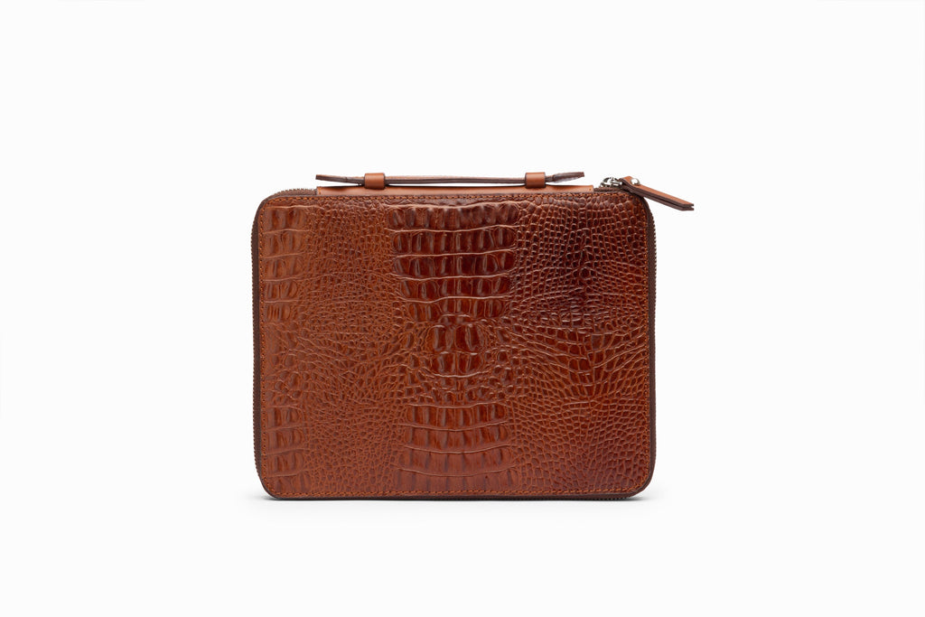 iPad Case Croc Brown open view showing interior lining and card slots