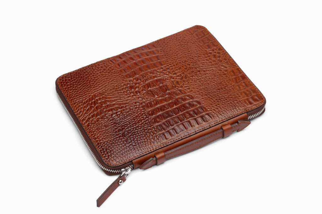Brown crocodile pattern iPad case side profile showing slim construction