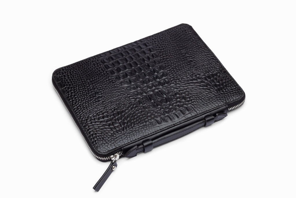 Black crocodile pattern iPad case side profile showing slim construction