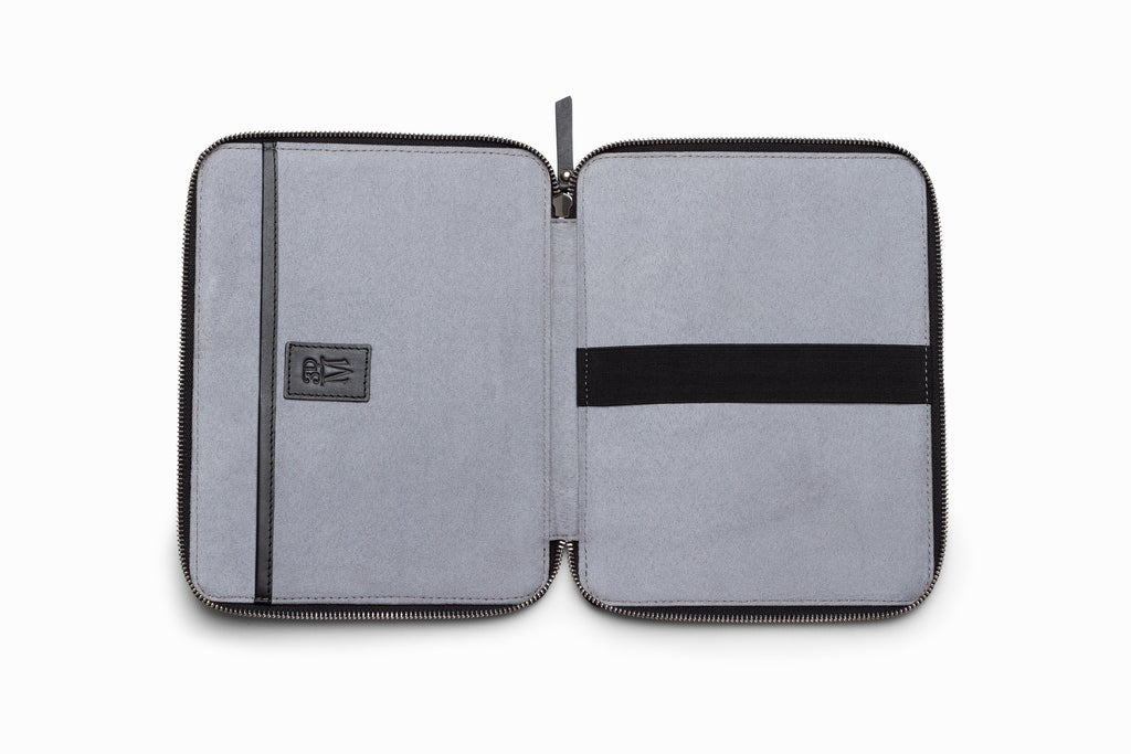 Black crocodile pattern iPad case top-down flat lay view