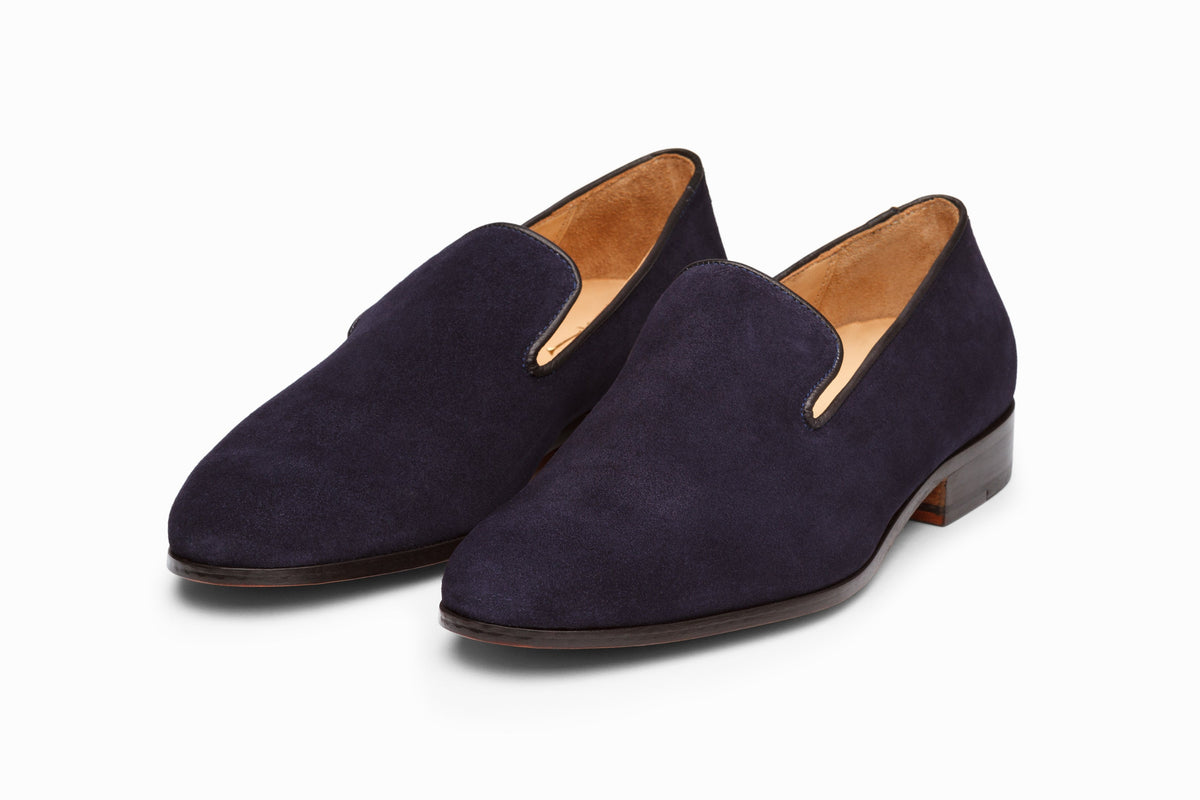 Venetian Loafer Navy Suede three-quarter front view on white background