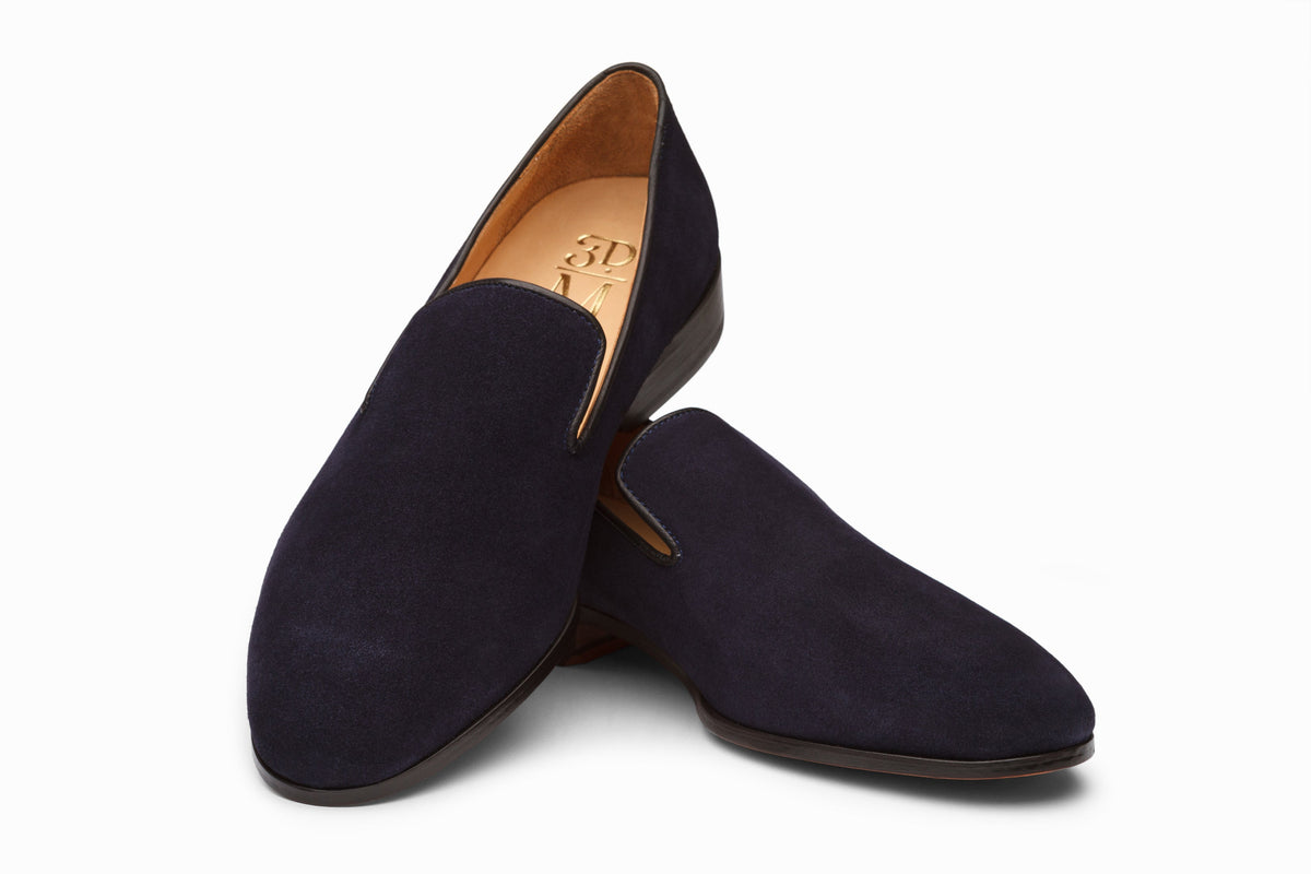 Navy suede Venetian loafer lifestyle styled shot