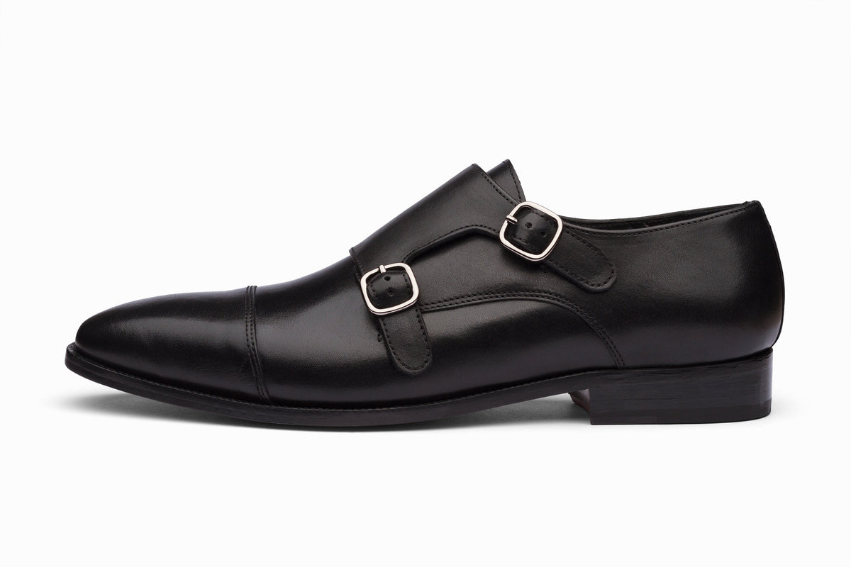 Black toecap double monkstrap side profile showing dual buckle straps