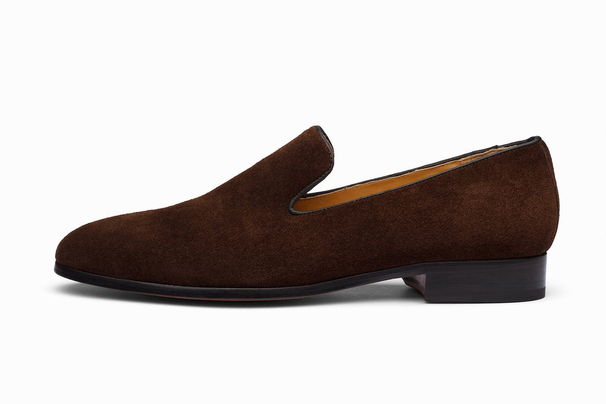 Dark Brown Suede Venetian loafer close-up texture detail