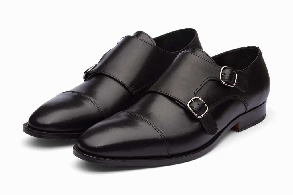 Toecap Double Monks Black three-quarter front view on white background