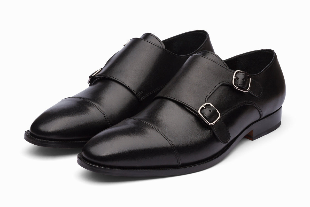 Toecap Double Monks Black three-quarter front view on white background