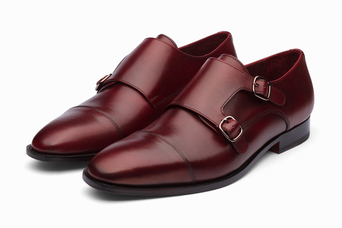 Toecap Double Monks Dark Burgundy three-quarter front view on white background